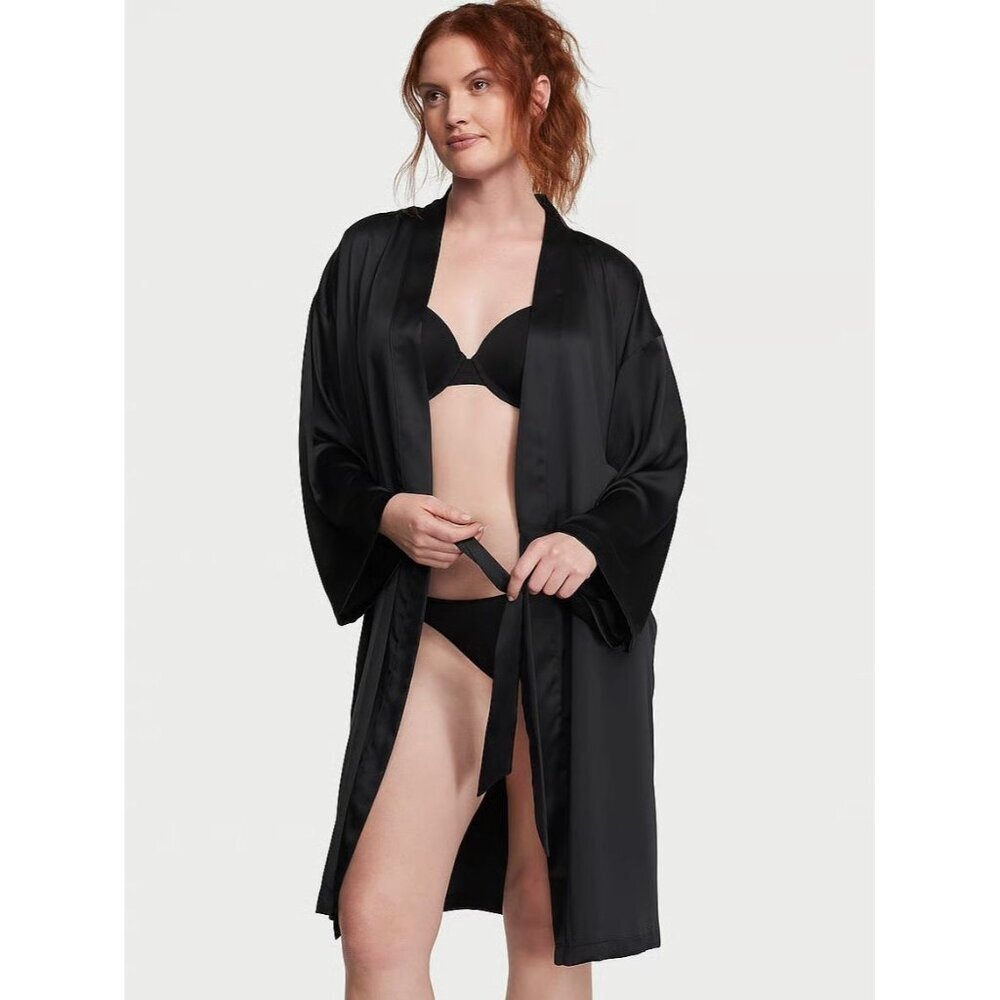 VICTORIAS SECRET Black Satin Midi Robe Quiet Luxury Feminine‎ Coquette One Size
